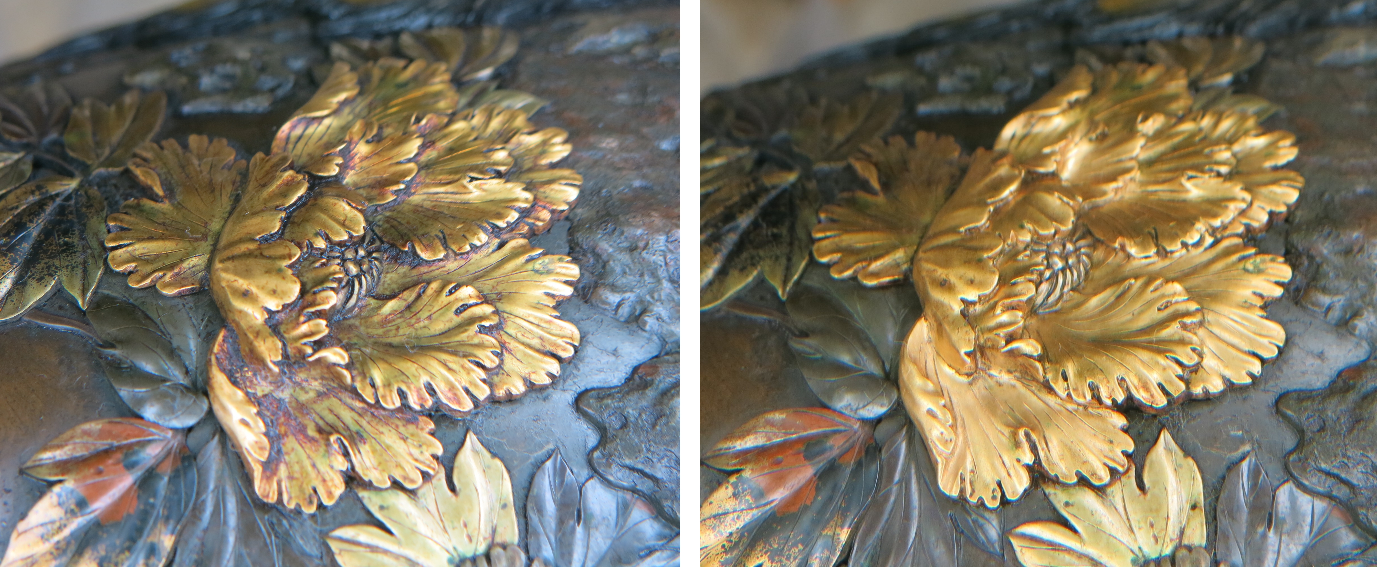 Left: Close up of a golden peony flower with a thick reddish-brown coating covering the recesses and a film over the remaining raised areas resulting in the dull appearance Right: Close up of the shiny golden peony flower.